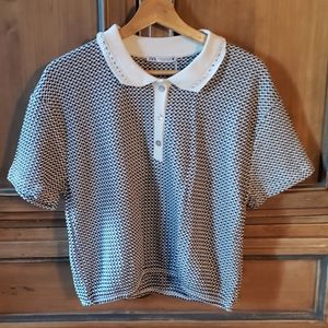 Jacquard Polo Shirt Womens - Blue/White Medium New With Tags Cotton Blend